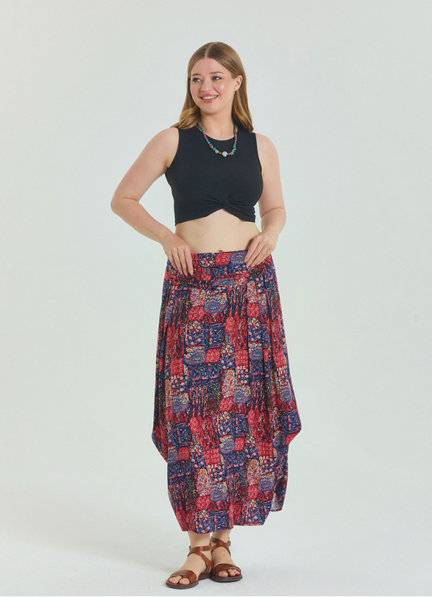 Red Patterned Plus Size Skirt with Elastic Waist Drape Detail 4603